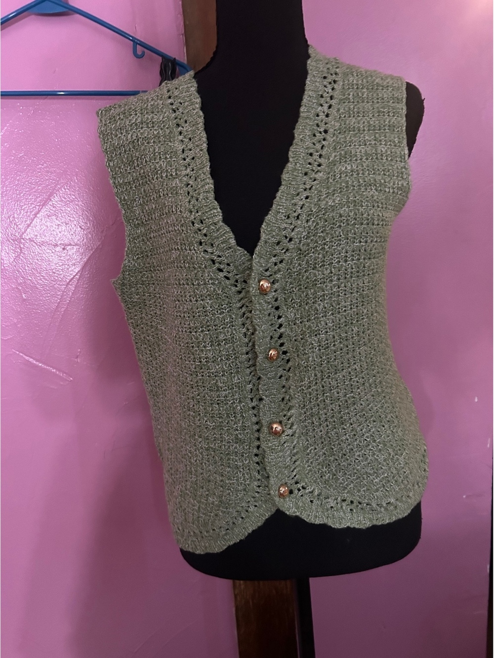 Light Green Crochet Vest with Pearl Buttons, Sleeveless V-Neck Layering